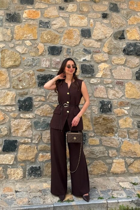 GOLD BUTTONS VEST +ELASTIC WAIST TROUSERS WOMAN SET BROWN/KAFE - 2