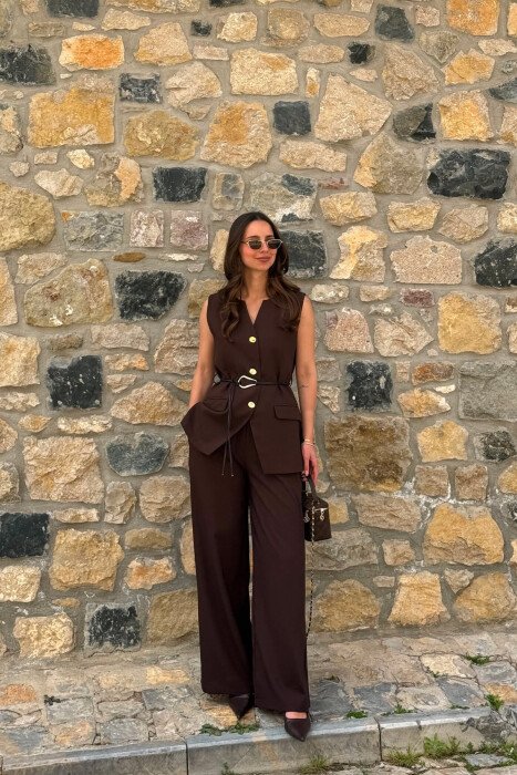 GOLD BUTTONS VEST +ELASTIC WAIST TROUSERS WOMAN SET BROWN/KAFE - 3