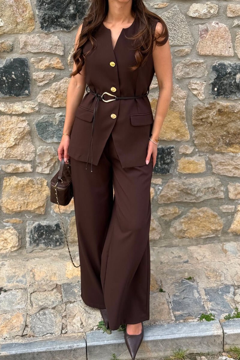 GOLD BUTTONS VEST +ELASTIC WAIST TROUSERS WOMAN SET BROWN/KAFE - 4