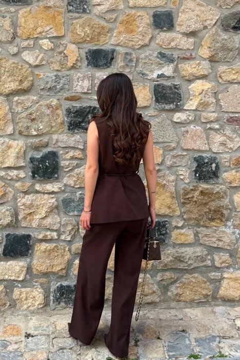 GOLD BUTTONS VEST +ELASTIC WAIST TROUSERS WOMAN SET BROWN/KAFE - 6