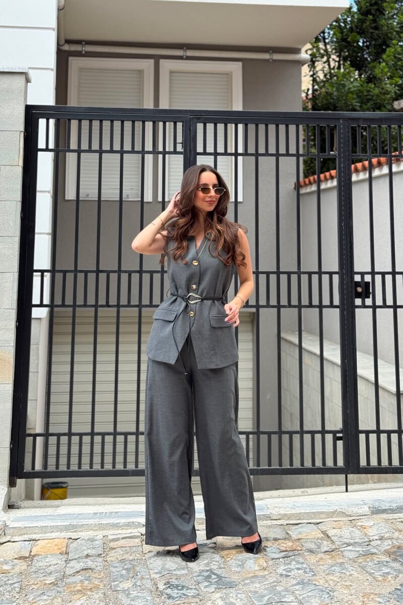 GOLD BUTTONS VEST +ELASTIC WAIST TROUSERS WOMAN SET GREY/GRI - 2