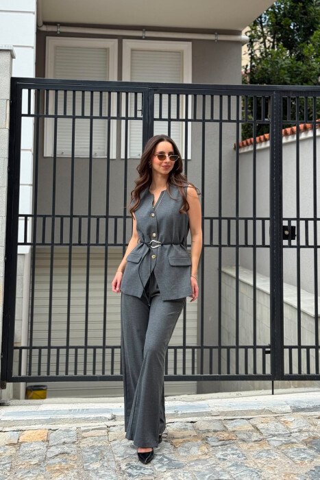 GOLD BUTTONS VEST +ELASTIC WAIST TROUSERS WOMAN SET GREY/GRI - 3
