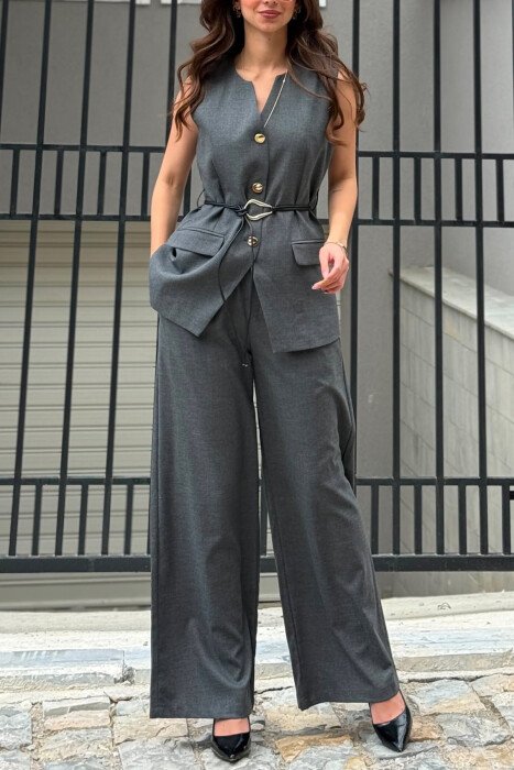 GOLD BUTTONS VEST +ELASTIC WAIST TROUSERS WOMAN SET GREY/GRI - 4
