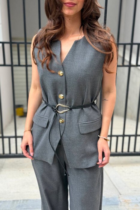 GOLD BUTTONS VEST +ELASTIC WAIST TROUSERS WOMAN SET GREY/GRI - 6