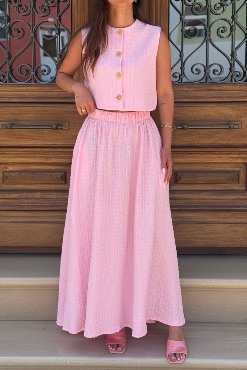 GOLD BUTTONS VEST + SKIRT WOMAN SET BABY PINK/ROZB - 2