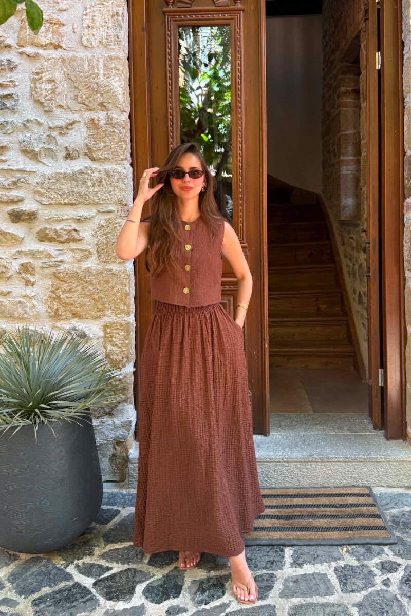 GOLD BUTTONS VEST + SKIRT WOMAN SET BROWN/KAFE - 3