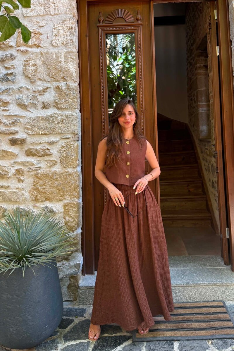 GOLD BUTTONS VEST + SKIRT WOMAN SET BROWN/KAFE - 4