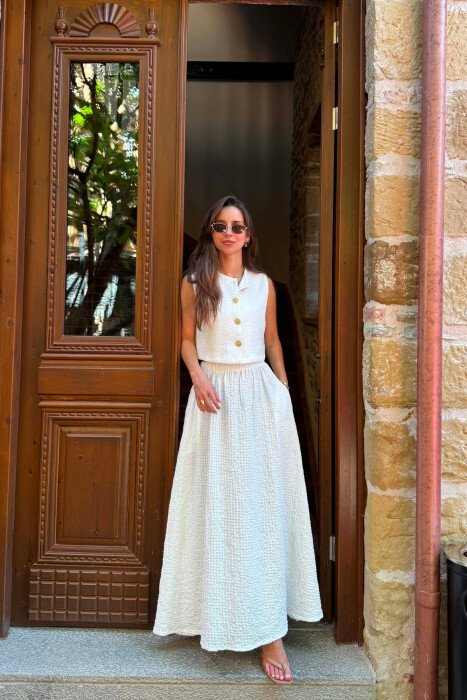 GOLD BUTTONS VEST + SKIRT WOMAN SET WHITE-E BARDHE 