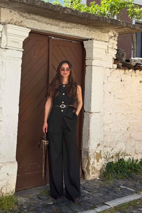 GOLD BUTTONS VEST + TROUSERS WOMAN SET BLACK/ E ZEZE - KLAUDIO FASHION