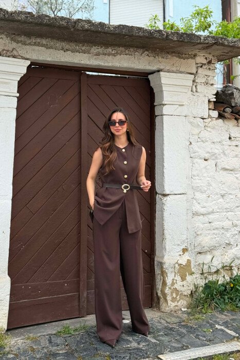 GOLD BUTTONS VEST + TROUSERS WOMAN SET BROWN/KAFE - KLAUDIO FASHION