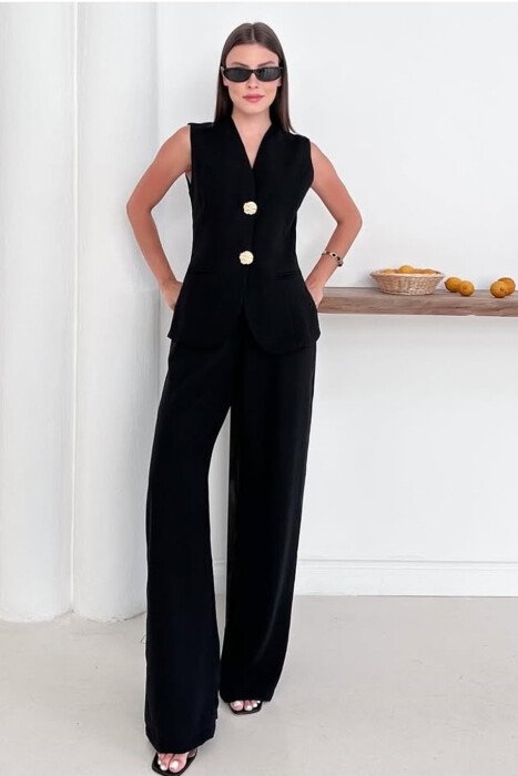 GOLD BUTTONS VEST+TROUSERS WOMEN SET BLACK/ E ZEZE - KLAUDIO FASHION