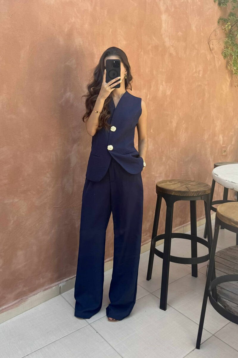 GOLD BUTTONS VEST+TROUSERS WOMEN SET DARK BLUE/BEE - 1