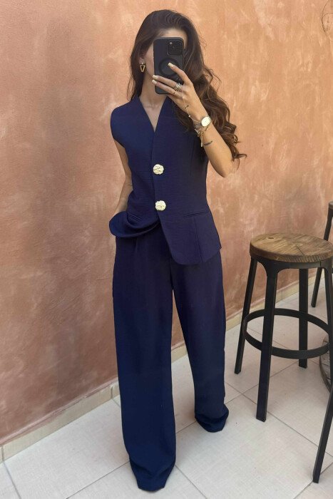 GOLD BUTTONS VEST+TROUSERS WOMEN SET DARK BLUE/BEE - 3