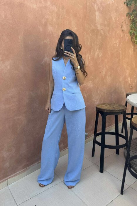GOLD BUTTONS VEST+TROUSERS WOMEN SET LIGHTBLUE/BZ - 1