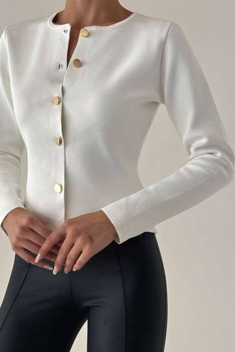 GOLD BUTTONS WOMAN CARDIGAN WHITE-E BARDHE - KLAUDIO FASHION