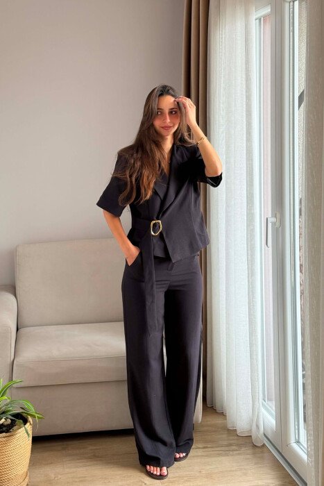 GOLD DETAIL SHORT SLEEVE JACKET + TROUSERS WOMAN SET BLACK/ E ZEZE 