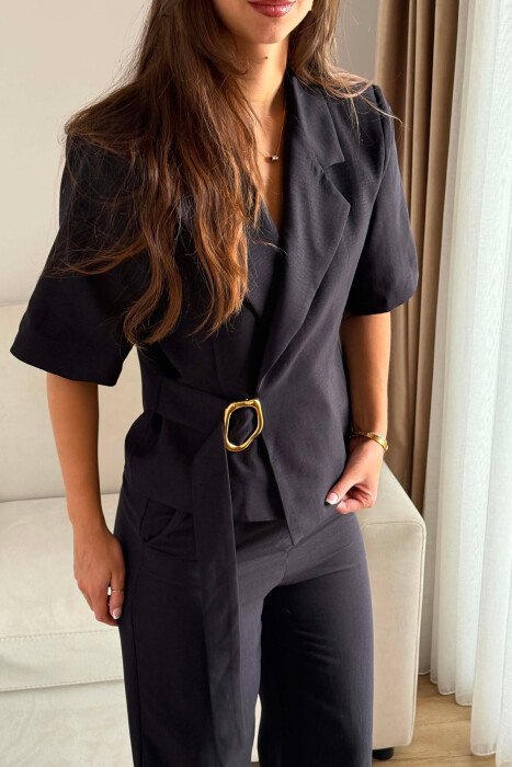 GOLD DETAIL SHORT SLEEVE JACKET + TROUSERS WOMAN SET BLACK/ E ZEZE - 6