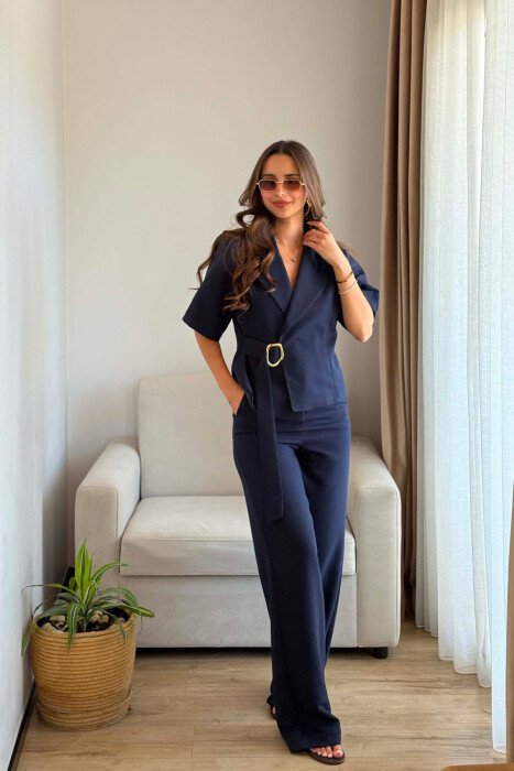 GOLD DETAIL SHORT SLEEVE JACKET + TROUSERS WOMAN SET BLUE/BLU 