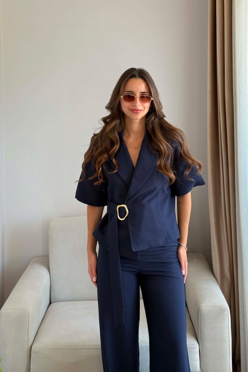 GOLD DETAIL SHORT SLEEVE JACKET + TROUSERS WOMAN SET BLUE/BLU - 2