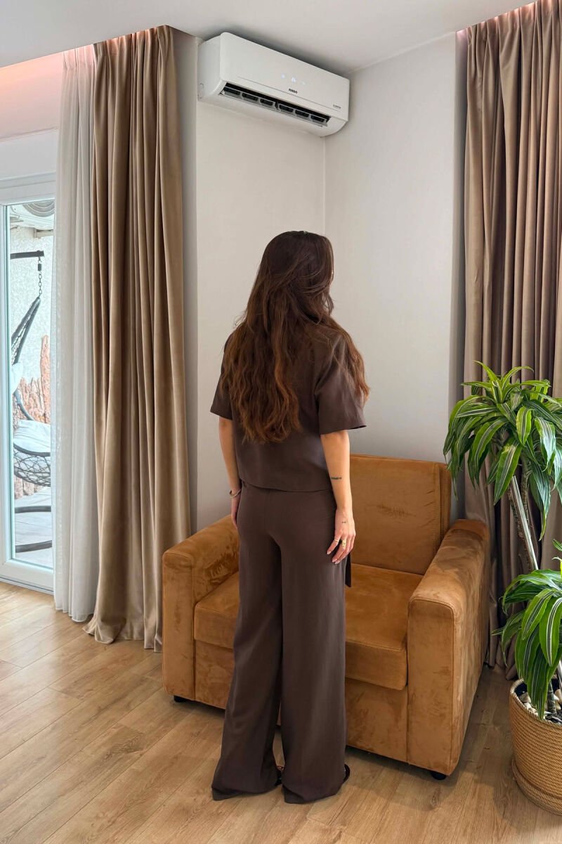 GOLD DETAIL SHORT SLEEVE JACKET + TROUSERS WOMAN SET BROWN/KAFE - 2