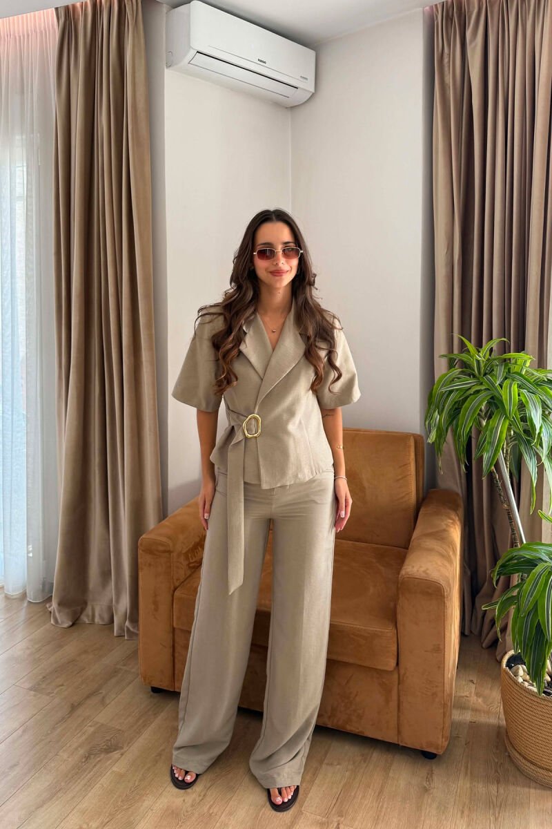 GOLD DETAIL SHORT SLEEVE JACKET + TROUSERS WOMAN SET DARK BEIGE/BEZHE ERRET - 1
