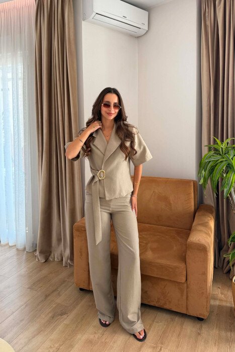 GOLD DETAIL SHORT SLEEVE JACKET + TROUSERS WOMAN SET DARK BEIGE/BEZHE ERRET - 2