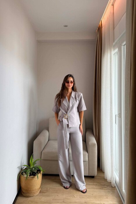GOLD DETAIL SHORT SLEEVE JACKET + TROUSERS WOMAN SET GREY/GRI - 3