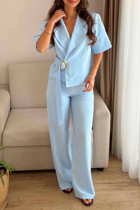 GOLD DETAIL SHORT SLEEVE JACKET + TROUSERS WOMAN SET LIGHTBLUE/BZ - 3