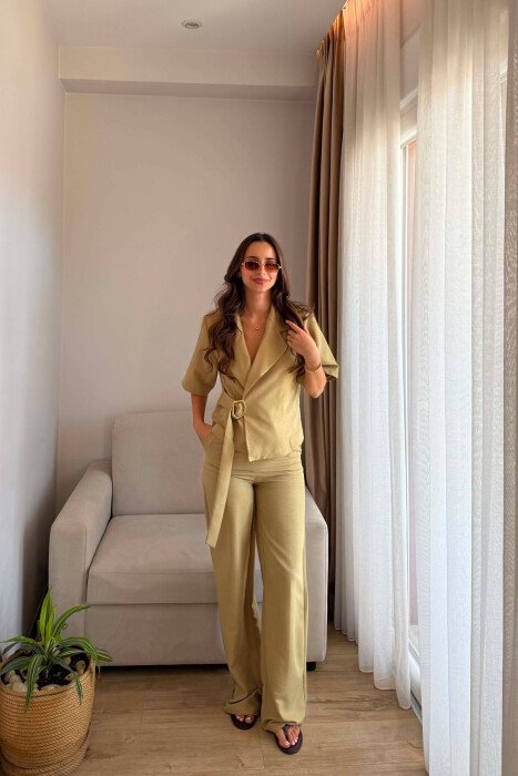 GOLD DETAIL SHORT SLEEVE JACKET + TROUSERS WOMAN SET OLIVE/ULLI - 2