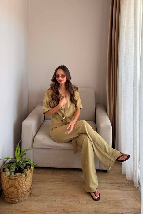 GOLD DETAIL SHORT SLEEVE JACKET + TROUSERS WOMAN SET OLIVE/ULLI - 4