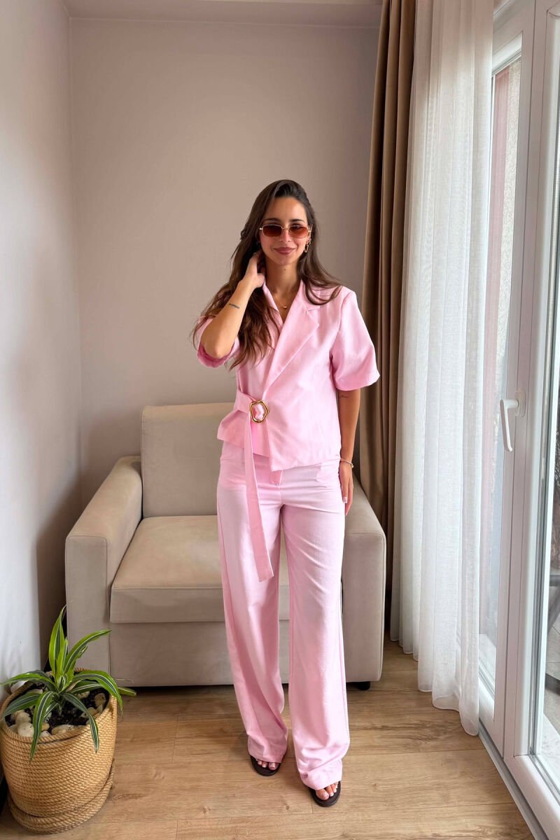 GOLD DETAIL SHORT SLEEVE JACKET + TROUSERS WOMAN SET PINK/ROZE - 1