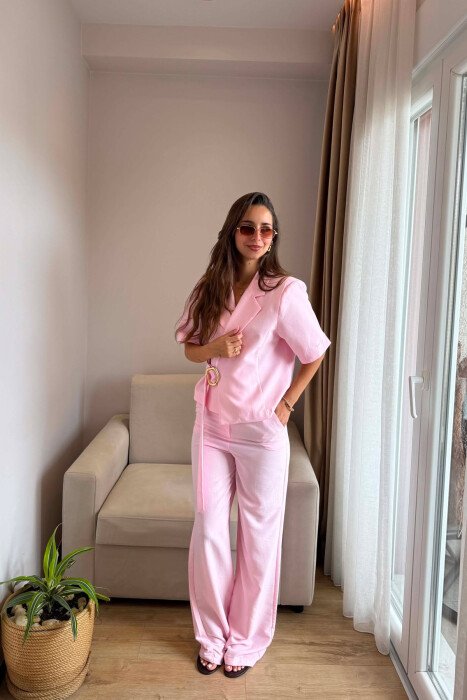 GOLD DETAIL SHORT SLEEVE JACKET + TROUSERS WOMAN SET PINK/ROZE - 3