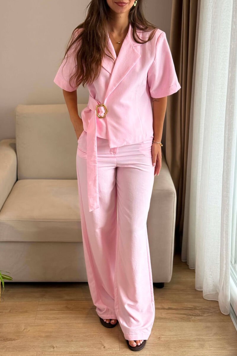 GOLD DETAIL SHORT SLEEVE JACKET + TROUSERS WOMAN SET PINK/ROZE - 4