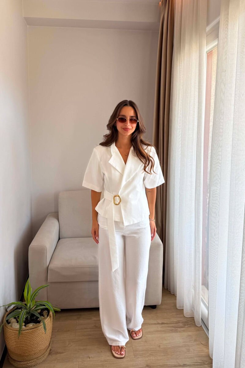 GOLD DETAIL SHORT SLEEVE JACKET + TROUSERS WOMAN SET WHITE-E BARDHE - 1