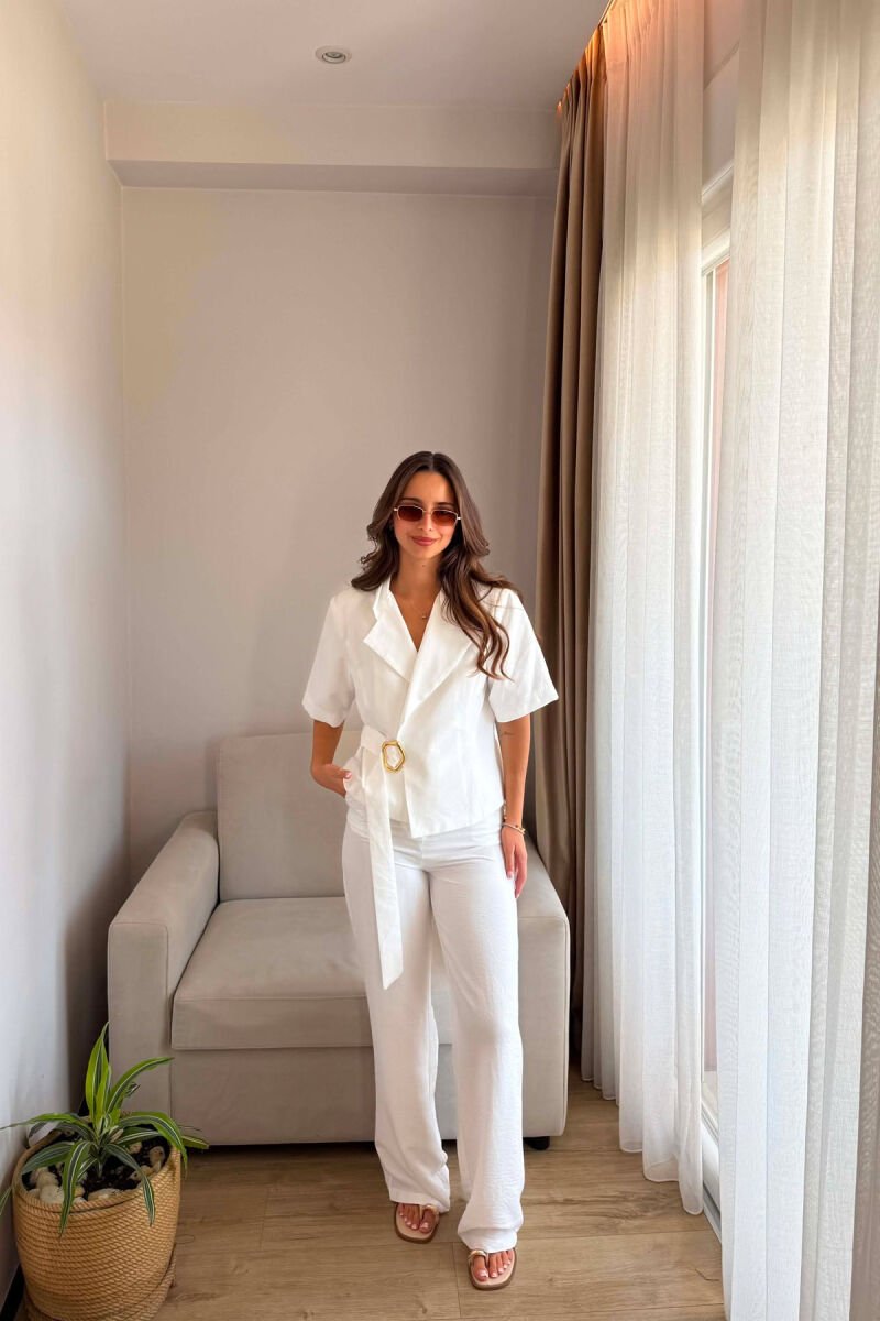 GOLD DETAIL SHORT SLEEVE JACKET + TROUSERS WOMAN SET WHITE-E BARDHE - 4