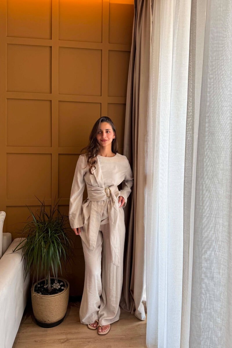 GOLD DETAIL SWEATSHIRT + TROUSERS WOMAN SET BEIGE/BEZHE - 2