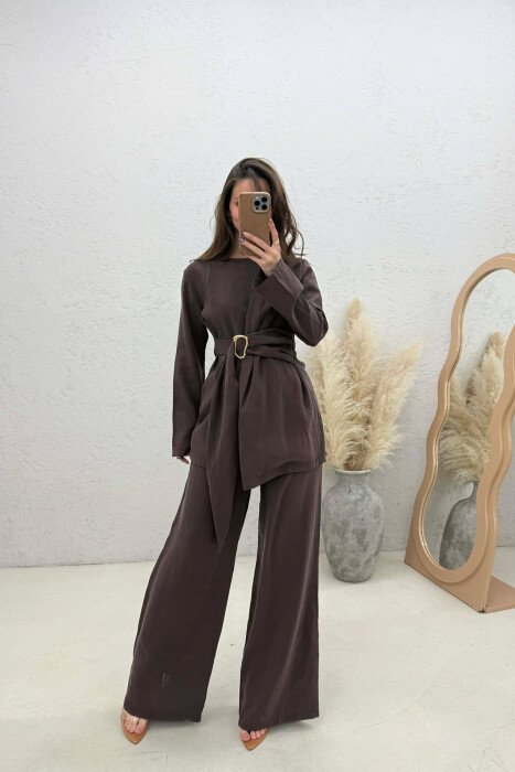 GOLD DETAIL SWEATSHIRT + TROUSERS WOMAN SET BROWN/KAFE 