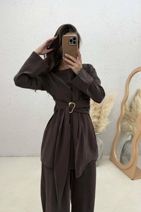 GOLD DETAIL SWEATSHIRT + TROUSERS WOMAN SET BROWN/KAFE - 2