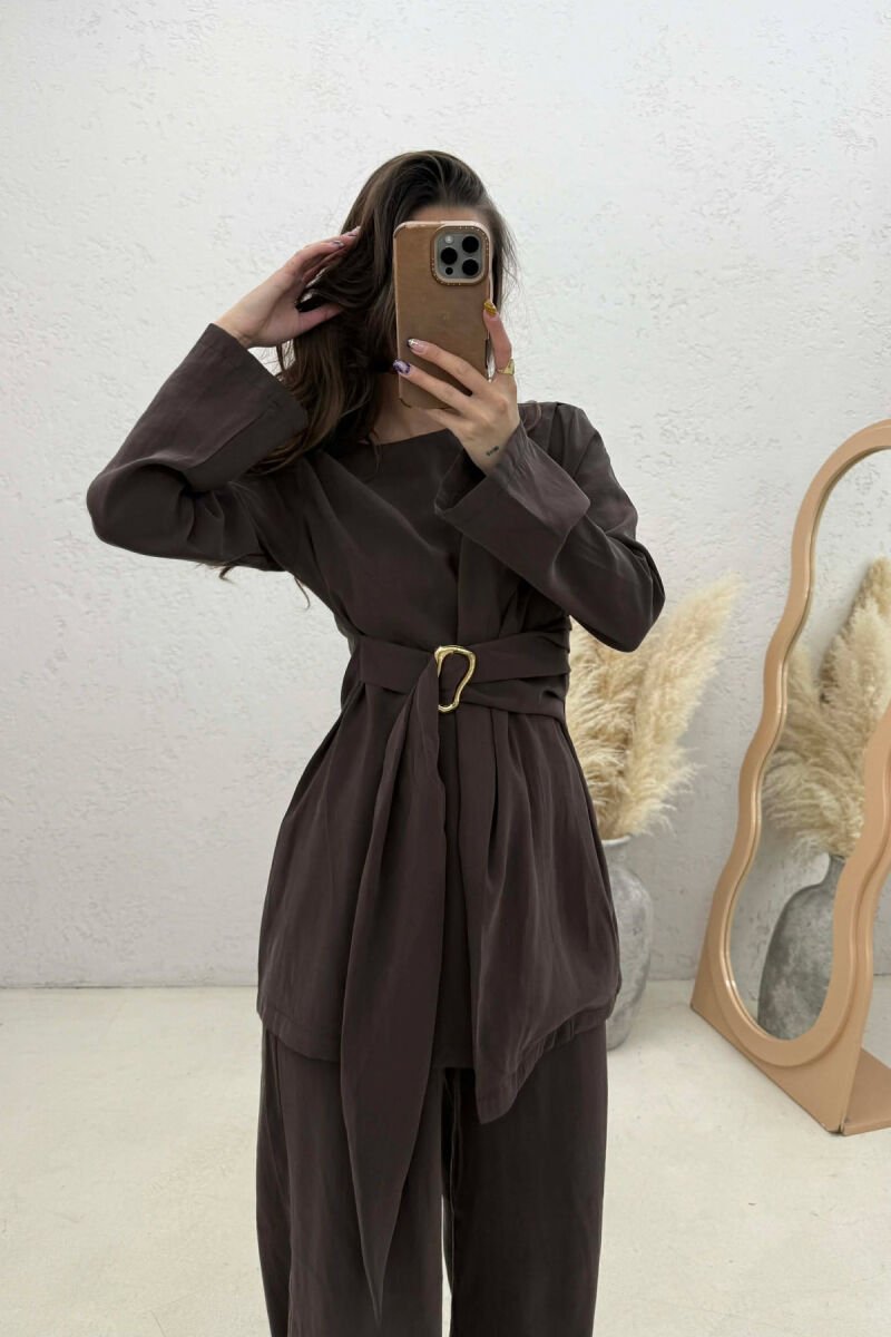 GOLD DETAIL SWEATSHIRT + TROUSERS WOMAN SET BROWN/KAFE - 2