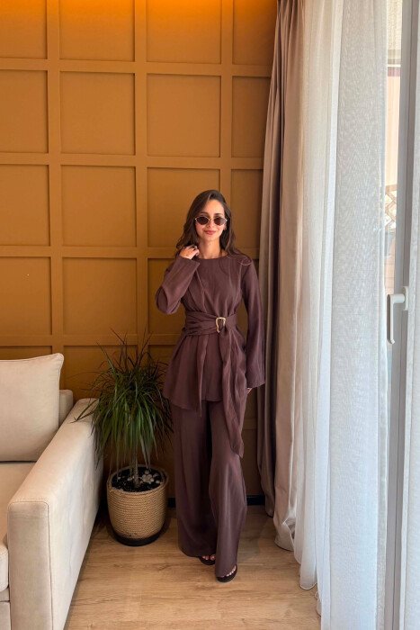 GOLD DETAIL SWEATSHIRT + TROUSERS WOMAN SET BROWN/KAFE - 6
