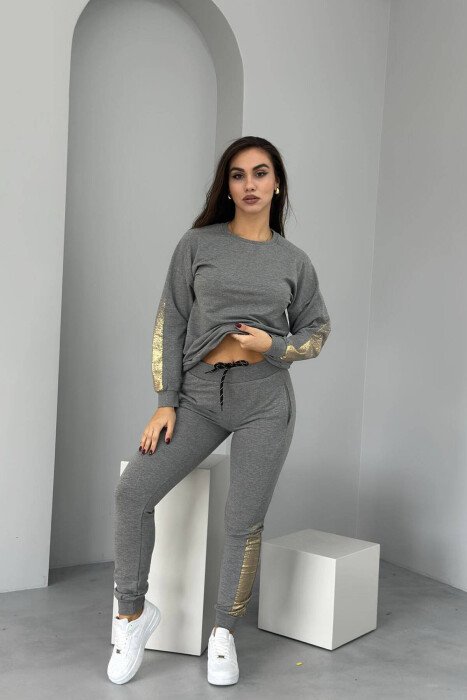 GOLD DETAILS SWEATSHIRT+JOGGERS WOMEN SET GREY/GRI - KLAUDIO FASHION