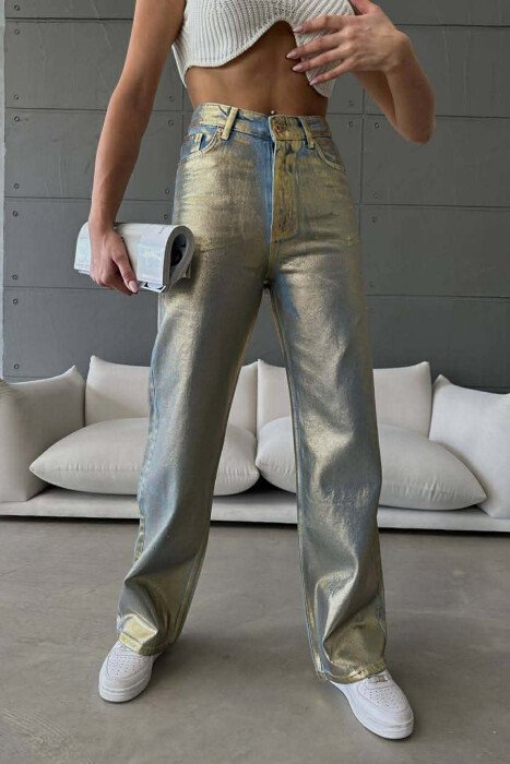 GOLD DETAILS WIDE LEG WOMEN JEANS LIGHTBLUE/BZ - KLAUDIO FASHION