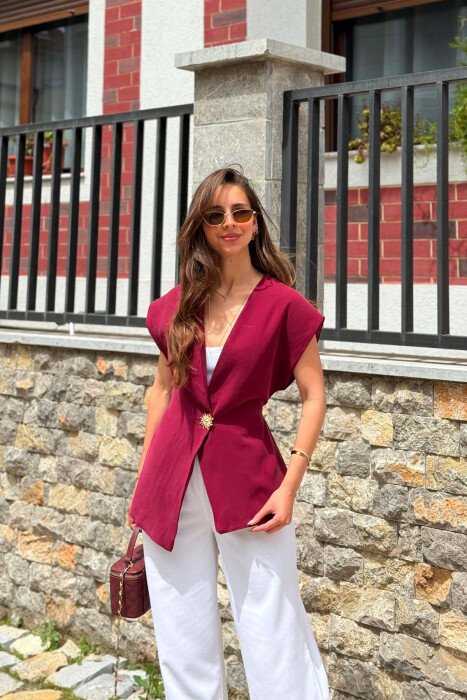 GOLD SUN BUTTON DETAIL LACING WOMEN VEST BURGUNDY/VISHNJE - KLAUDIO FASHION