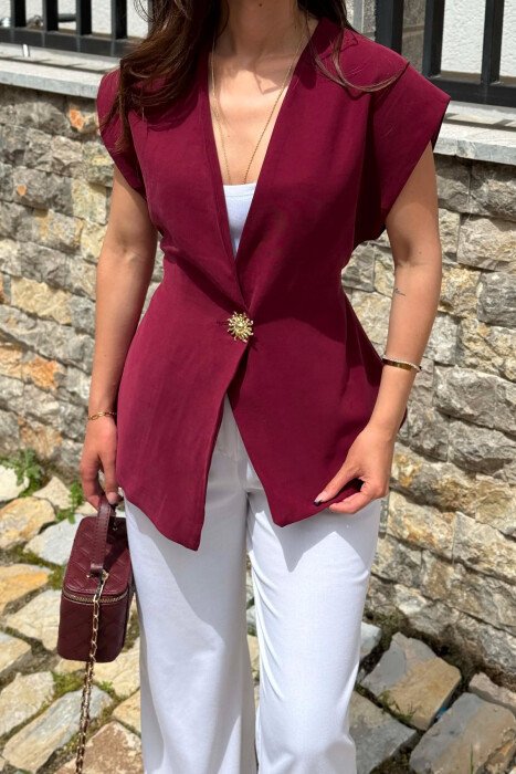GOLD SUN BUTTON DETAIL LACING WOMEN VEST BURGUNDY/VISHNJE - 2