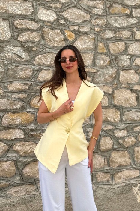 GOLD SUN BUTTON DETAIL LACING WOMEN VEST YELLOW/E VERDHE - 3