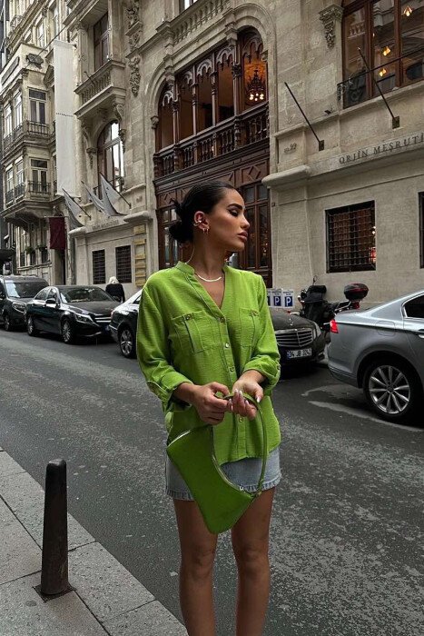 GOLDEN BUTTONS DETAIL ONE COLOR WOMEN SHIRT LIGHT GREEN/JEZB - 2