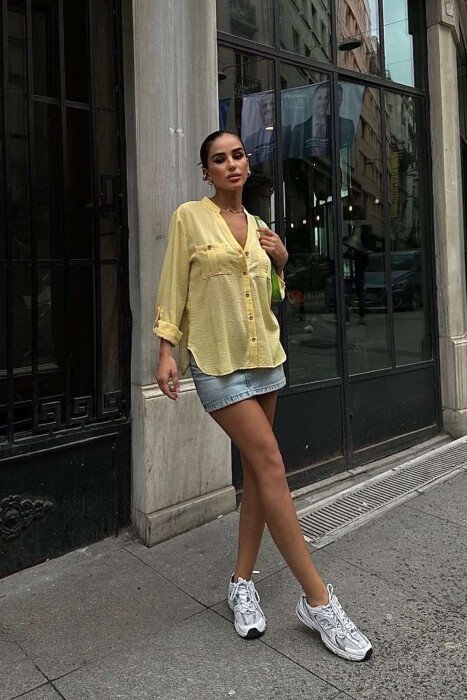 GOLDEN BUTTONS DETAIL ONE COLOR WOMEN SHIRT YELLOW/E VERDHE - 5
