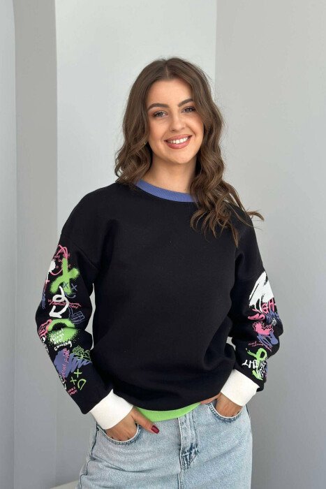 GRAFFITI SLEEVE DESIGN WOMEN SWEATSHIRT BLACK/ E ZEZE - KLAUDIO FASHION