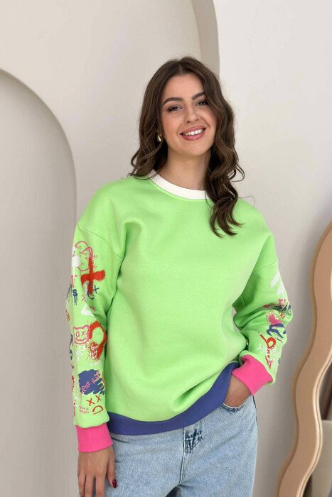 GRAFFITI SLEEVE DESIGN WOMEN SWEATSHIRT LIGHT GREEN/JEZB - KLAUDIO FASHION