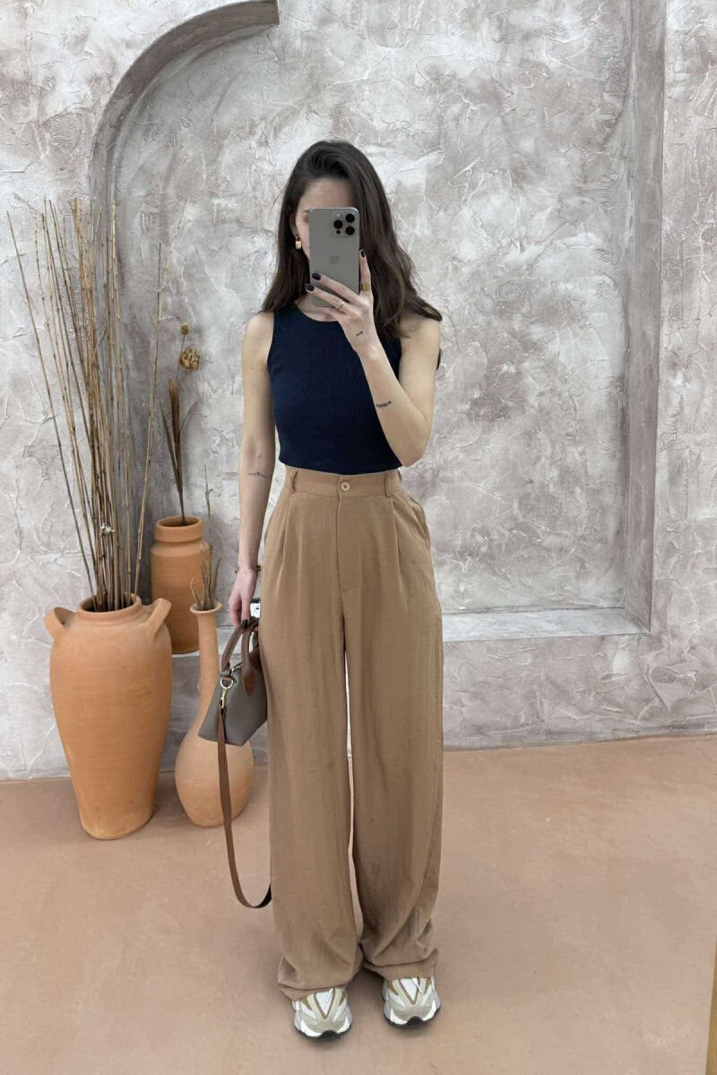HALF ELASTIC WAIST WOMEN TROUSERS LIGHT BROWN/KAZB - 1